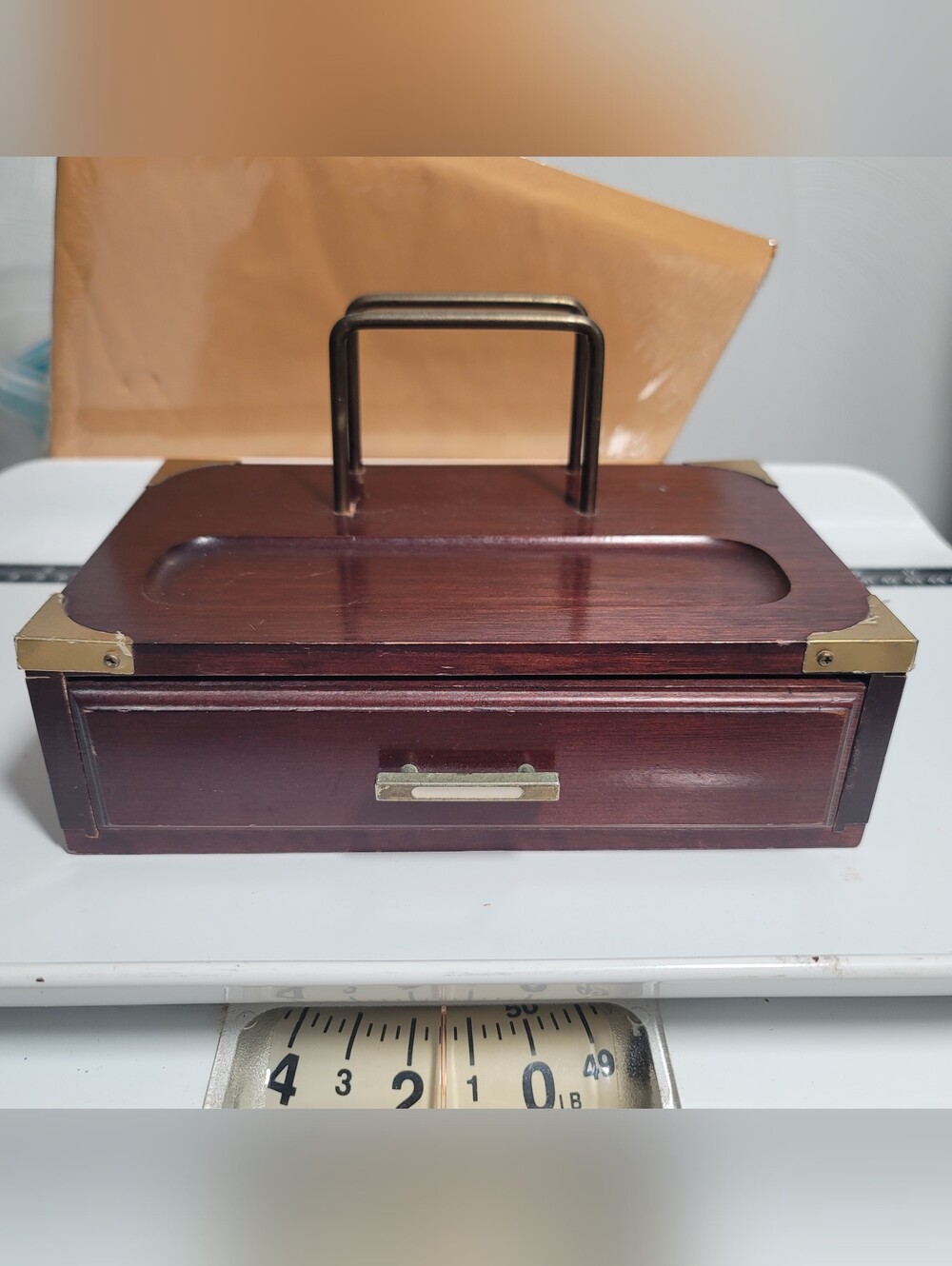 Wooden One Drawer Valet / Jewelry / Trinket Box with Brass Accents.